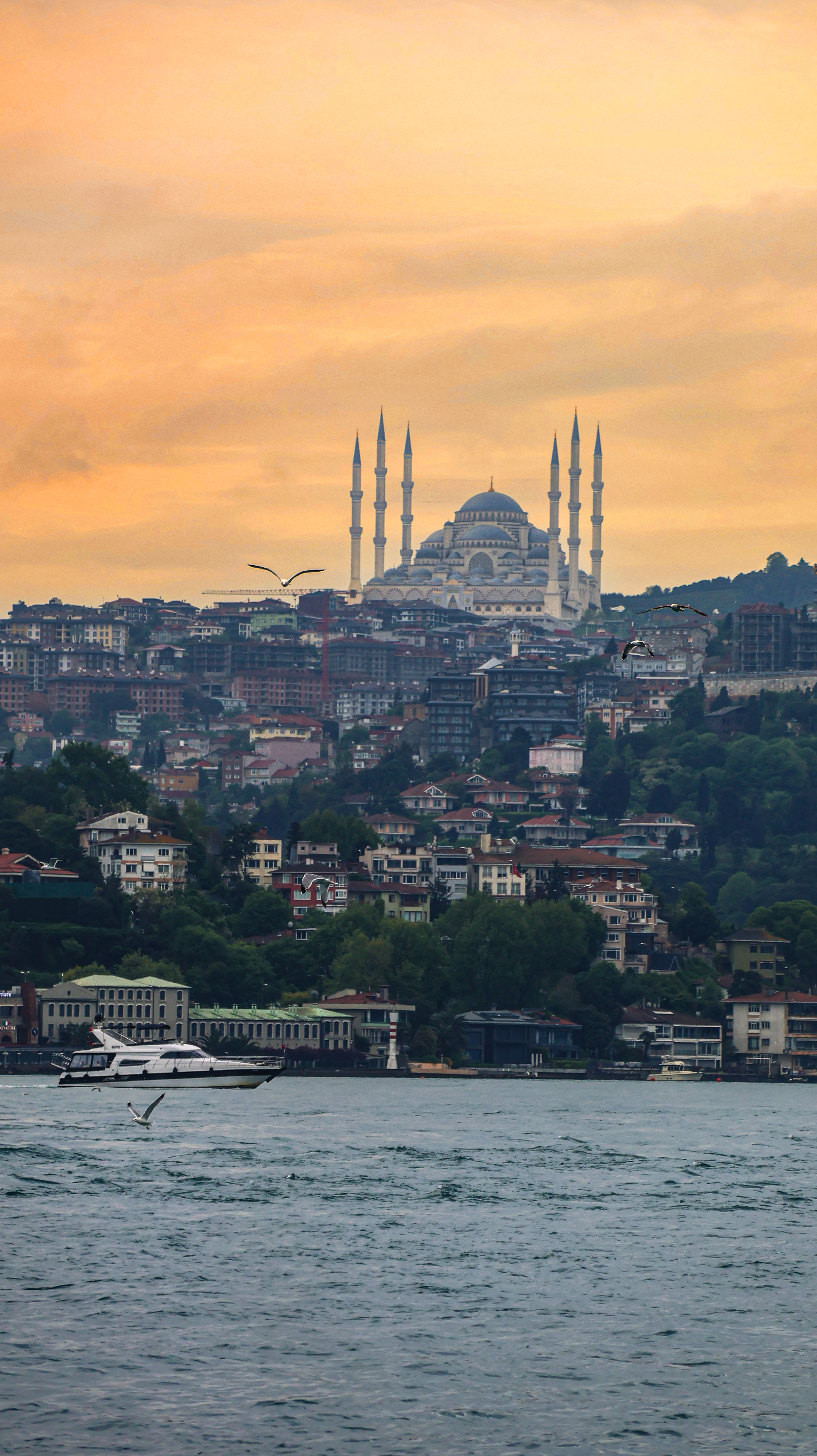 Istanbul mosque at golden hour over the Bosphorus, Turkey