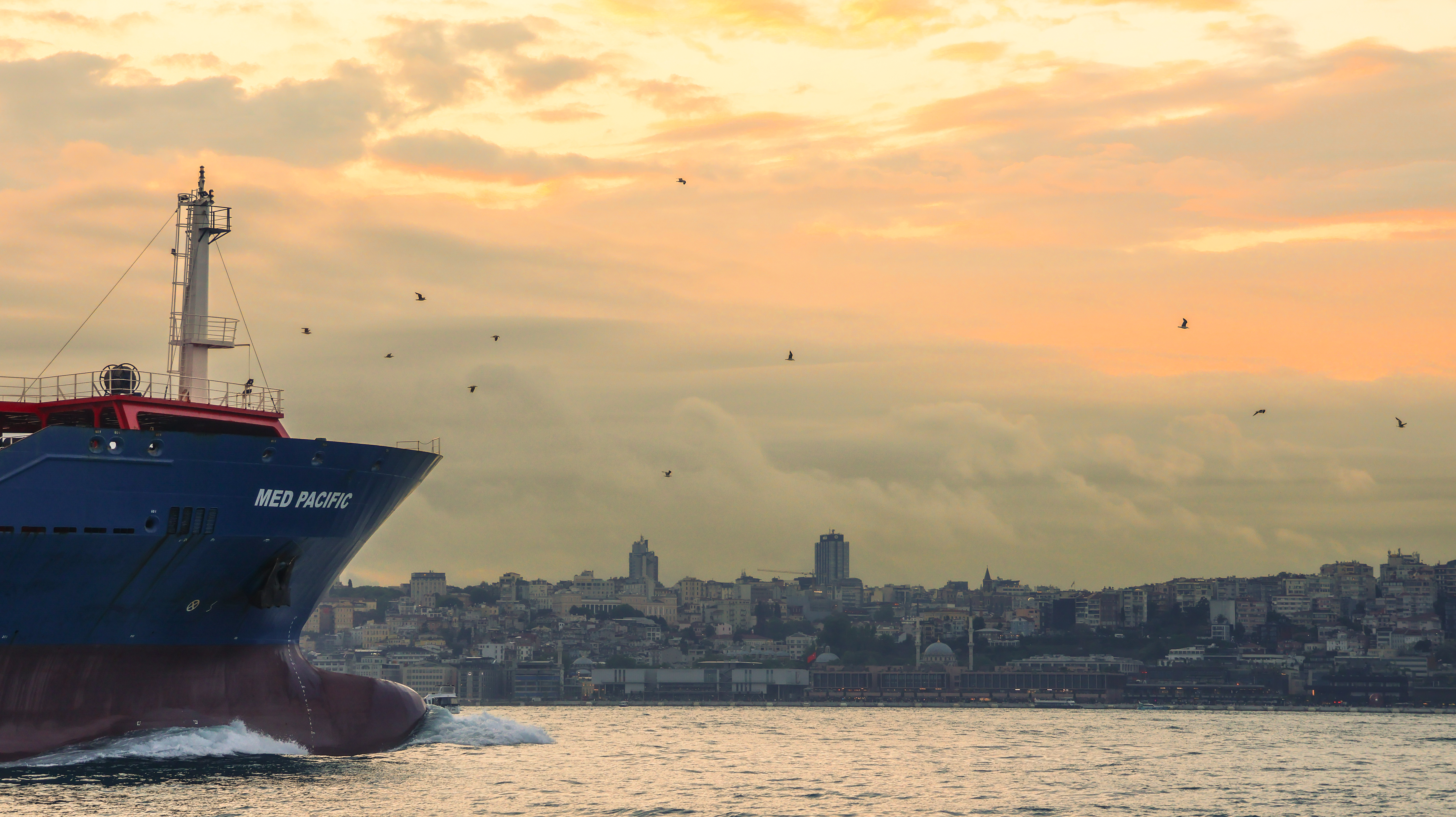 Cargo ship on the Bosphorus at sunset, Istanbul