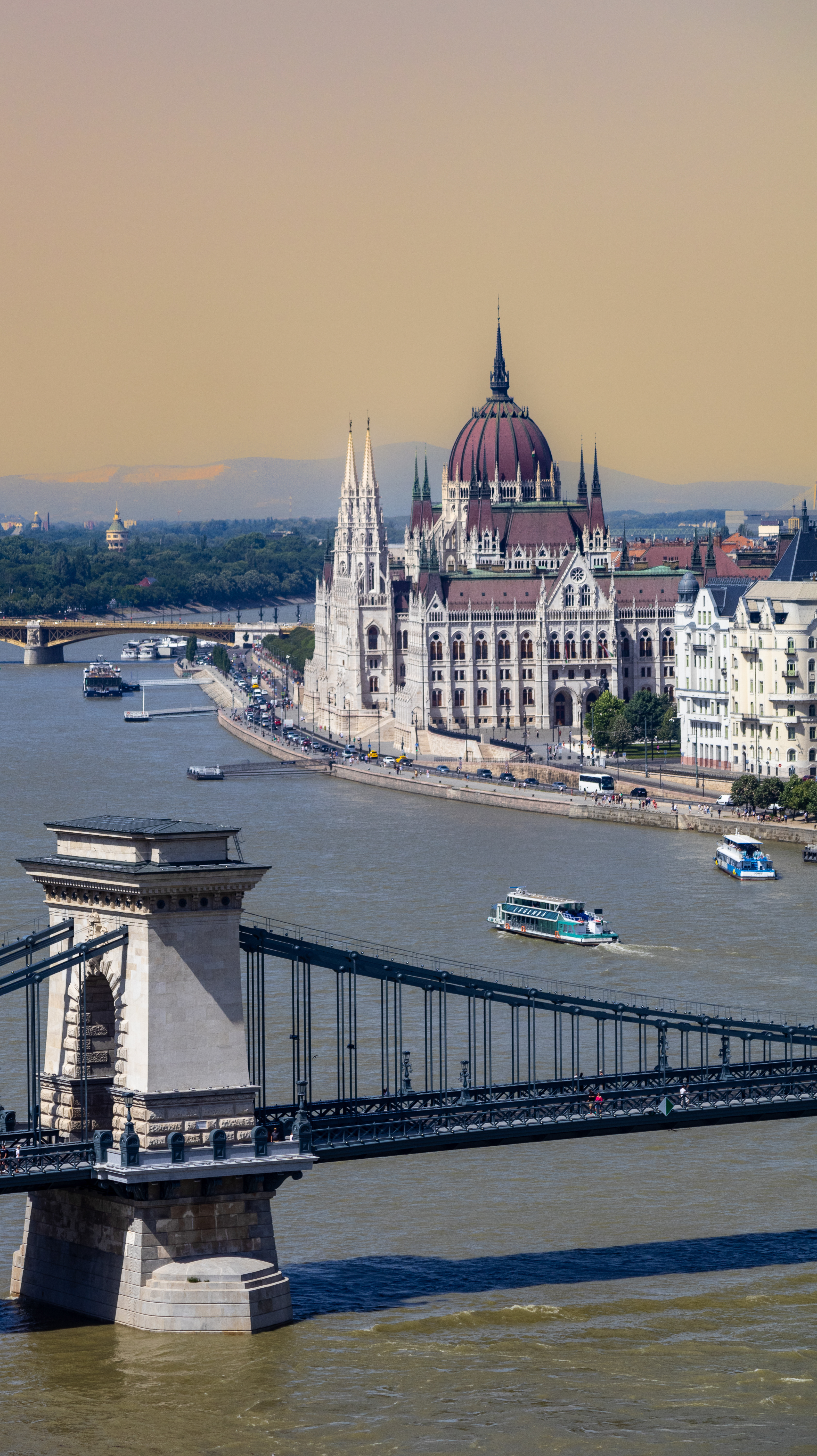 Budapest Parliament and Chain Bridge at dusk, Hungary